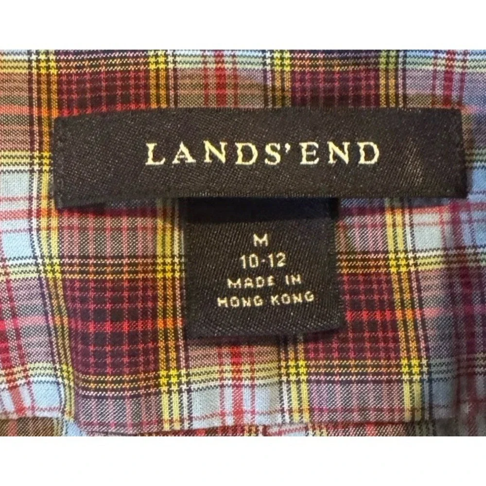 Lands End Boys Purple Green Plaid Long Sleeve Button Down Collared Shirt M 10-12